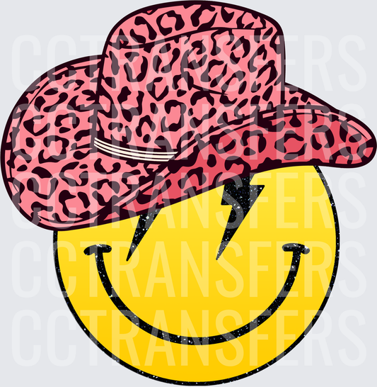 Pink Leopard Cowboy Hat Smiley Face Lightning Bolt (DTF)
