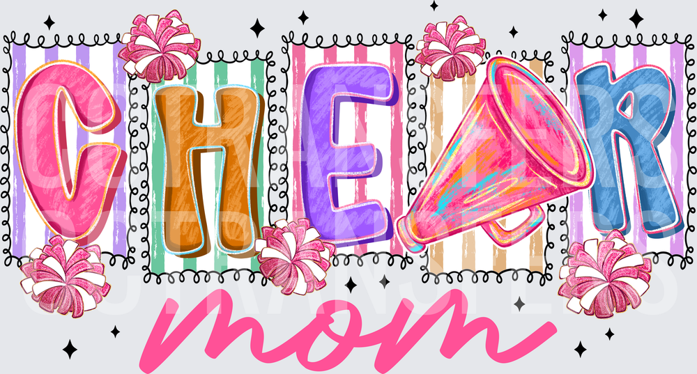 Cheer Mom Megaphone Pom Pom Colorful Block Letters (DTF)