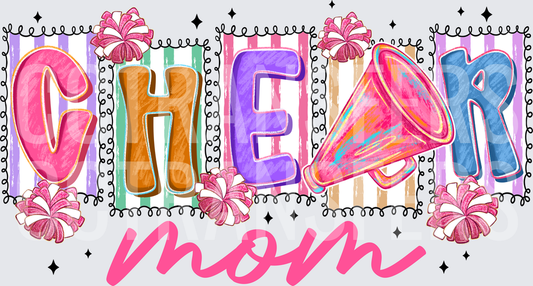 Cheer Mom Megaphone Pom Pom Colorful Block Letters (DTF)