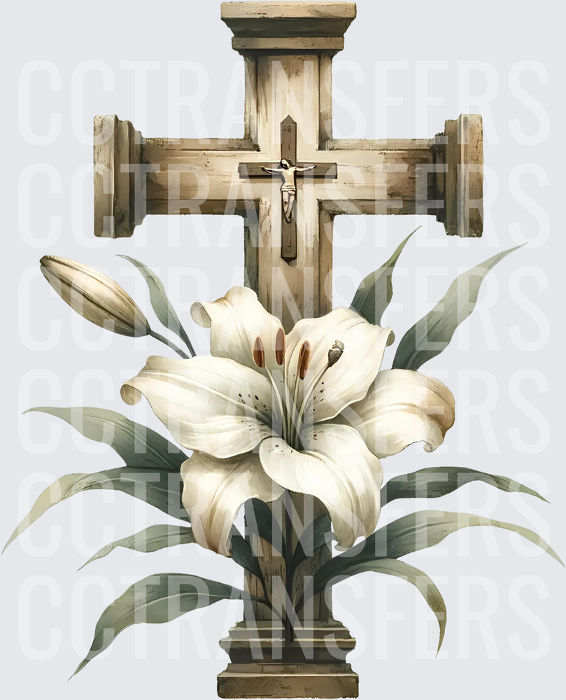 Rustic Wooden Crucifix Cross with White Easter Lily (DTF)
