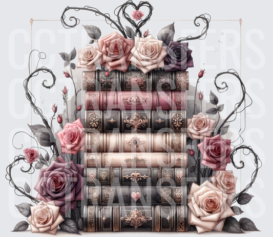 Gothic Ornate Book Stack with Roses and Dark Vines (DTF)