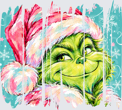 Smirking Green Furry Creature Santa Hat Snowflakes (DTF)